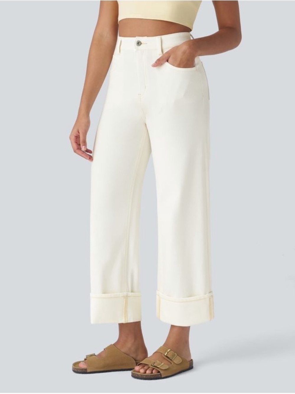 Halara Flex High Waisted Pockets Rolled
Hem Wide Leg Washed Casual Jeans M tall